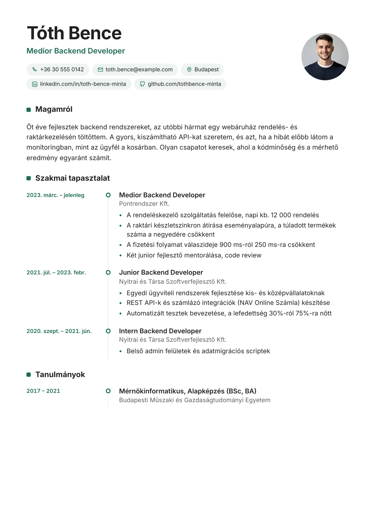 Szakmai önéletrajz minta, Idővonal sablon: Tóth Bence, Medior Backend Developer