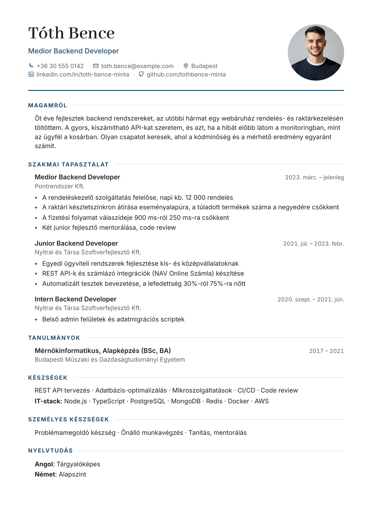 Szakmai önéletrajz minta, Klasszikus sablon: Tóth Bence, Medior Backend Developer