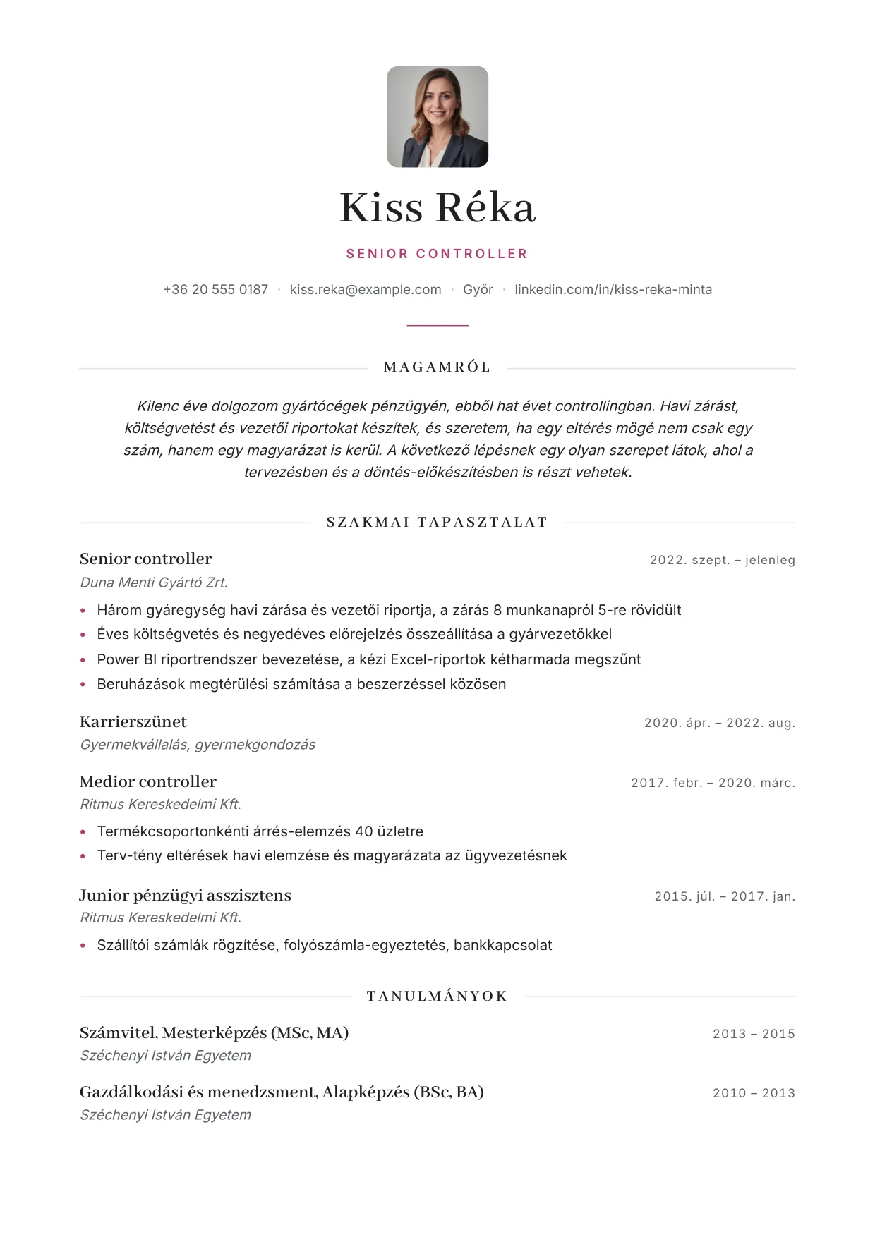 Szakmai önéletrajz minta, Elegáns sablon: Kiss Réka, Senior Controller