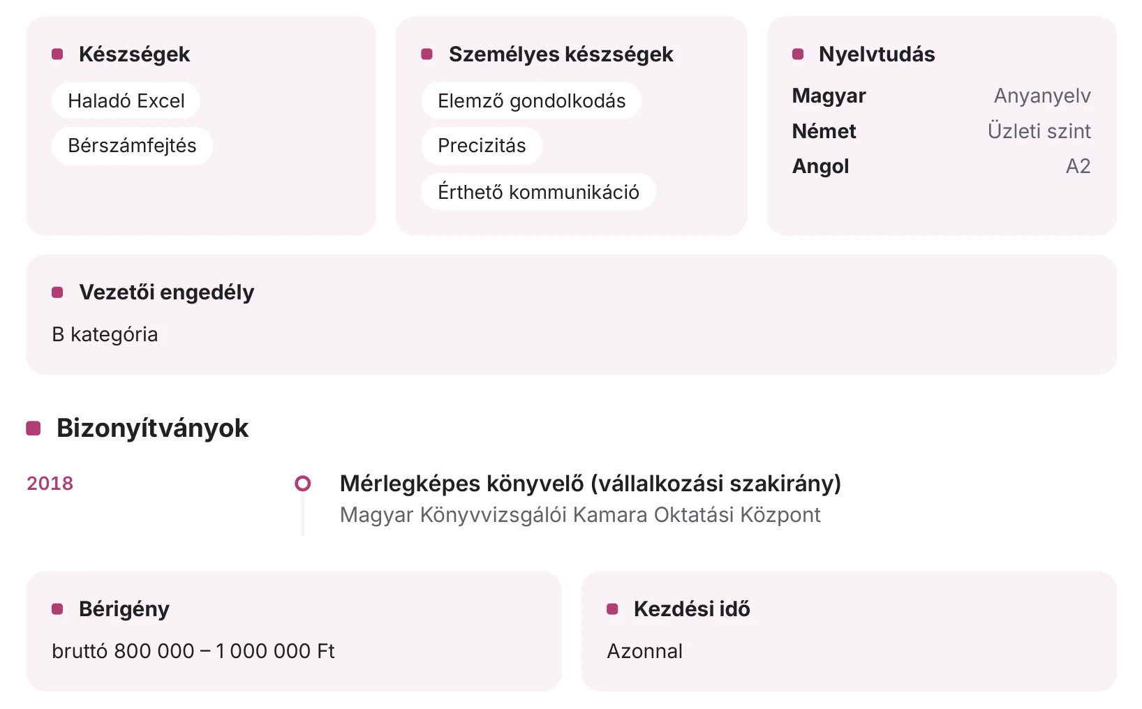 Önéletrajz minta: készségek kártyákon, bérigény sávban és kezdési idő